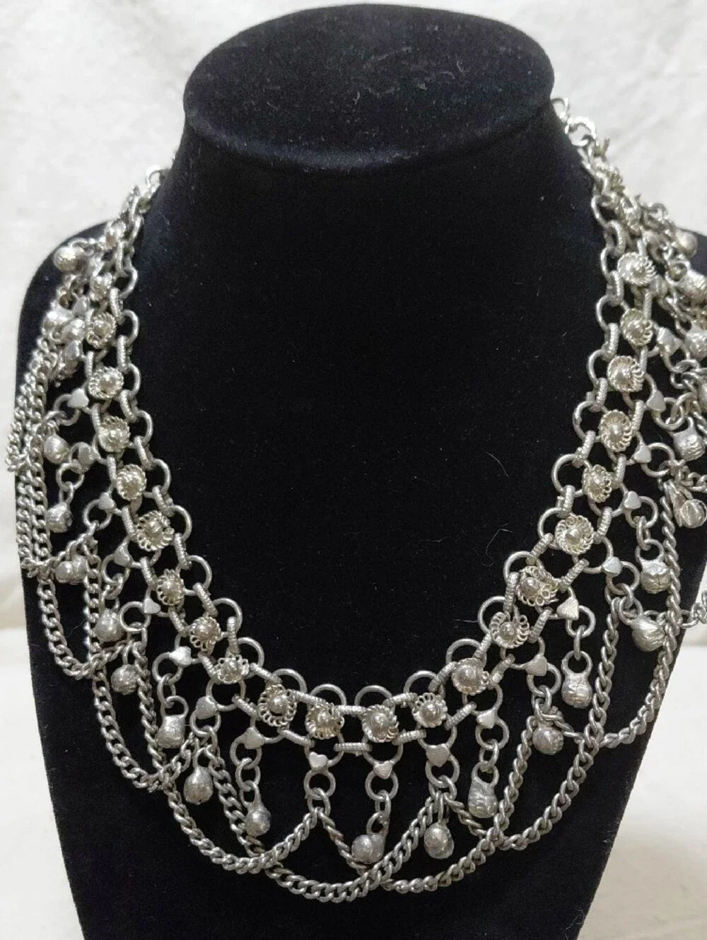 Antique Silver-Tone Tribal Bell Festoon/Bib Necklace